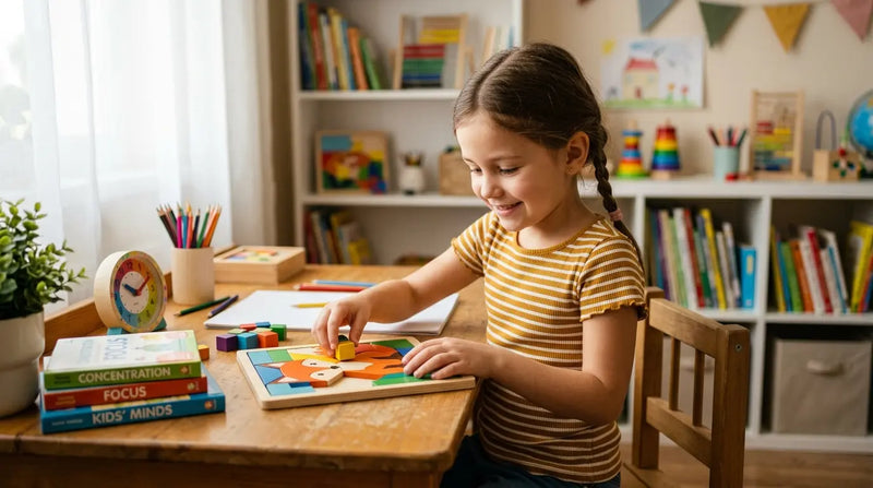 Young girl improving concentration while solving a wooden puzzle at a learning table.