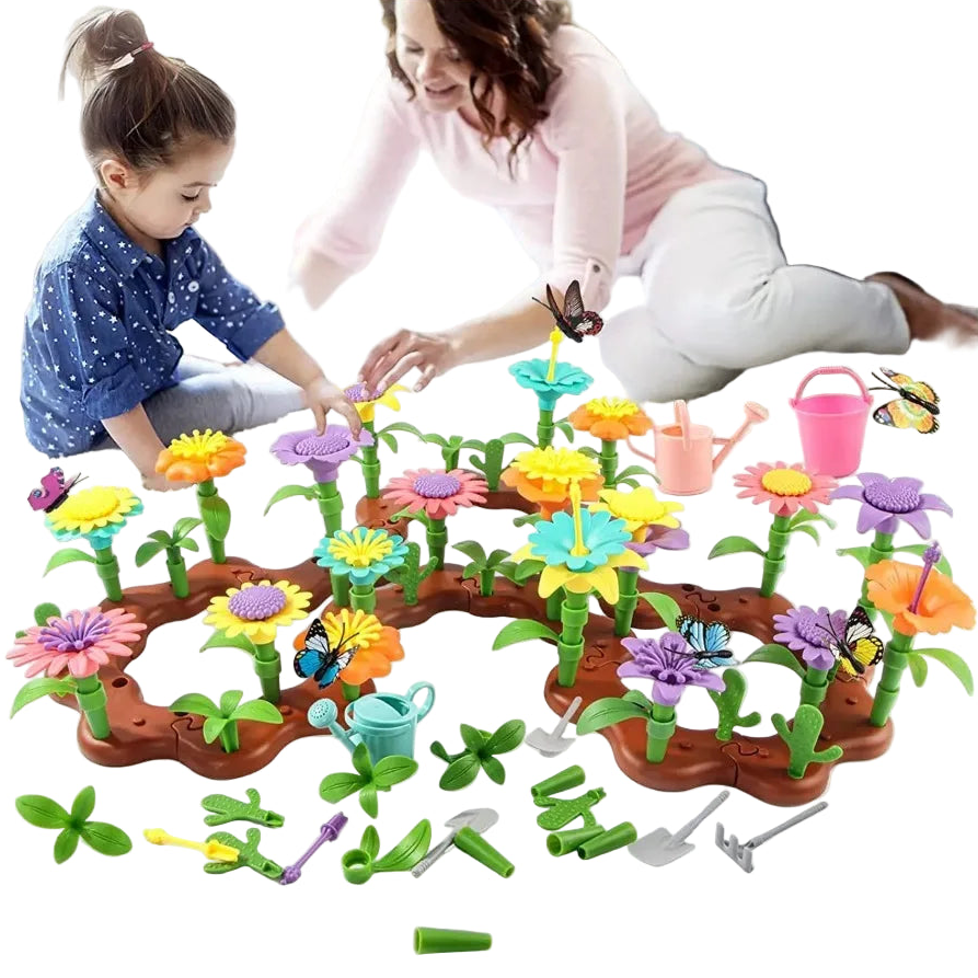 Children playing with a toy garden set on the floor, with a woman supervising.