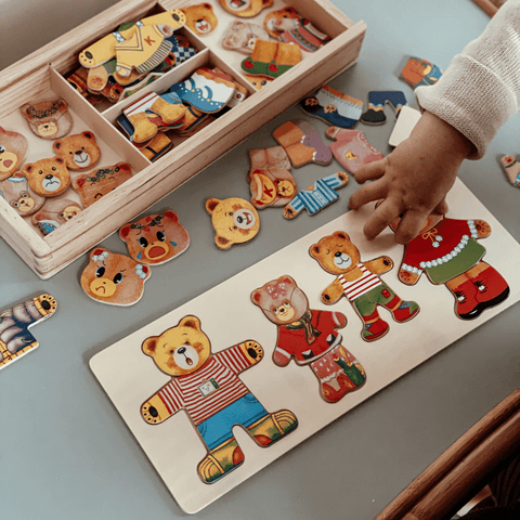 Children's wooden puzzle with teddy bear figures