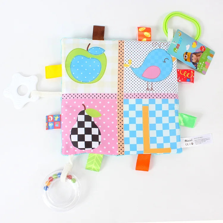 Colourful baby activity book with various shapes and designs