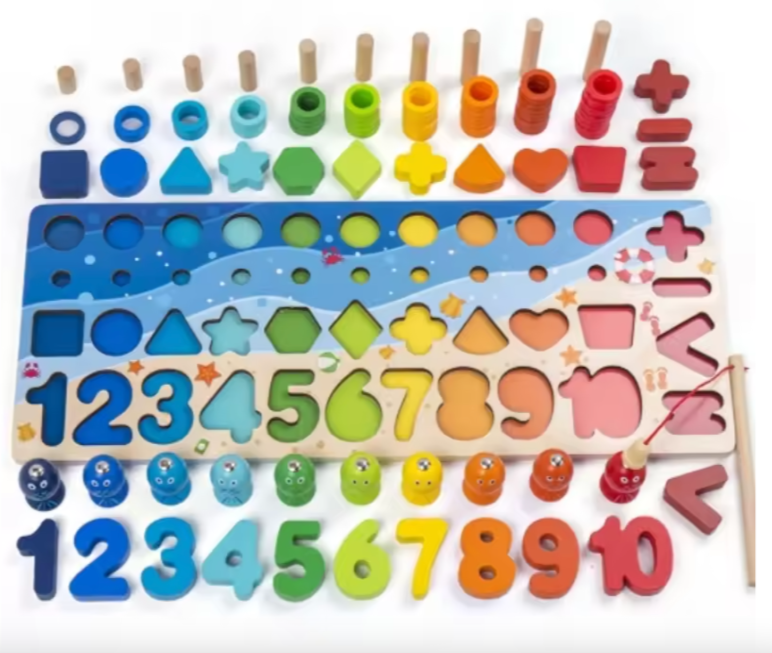 Colourful educational toys including numbers, shapes, and letters