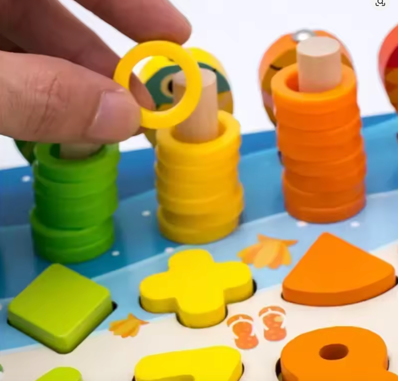 Colourful educational toy that includes shapes and numbers.