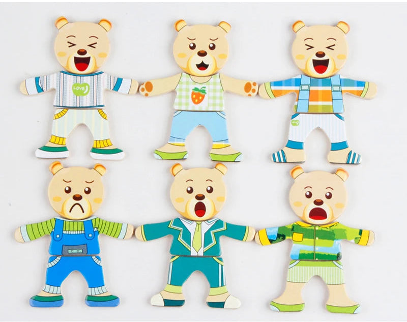 Set of five cartoon bear figures in different outfits