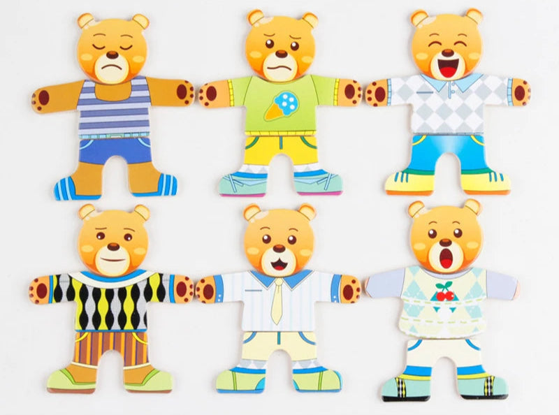 Set of six colourful bear figures in various outfits