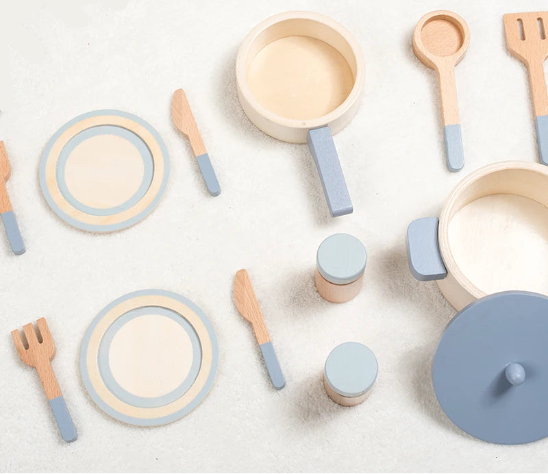 Set of wooden kitchen utensils and dishes