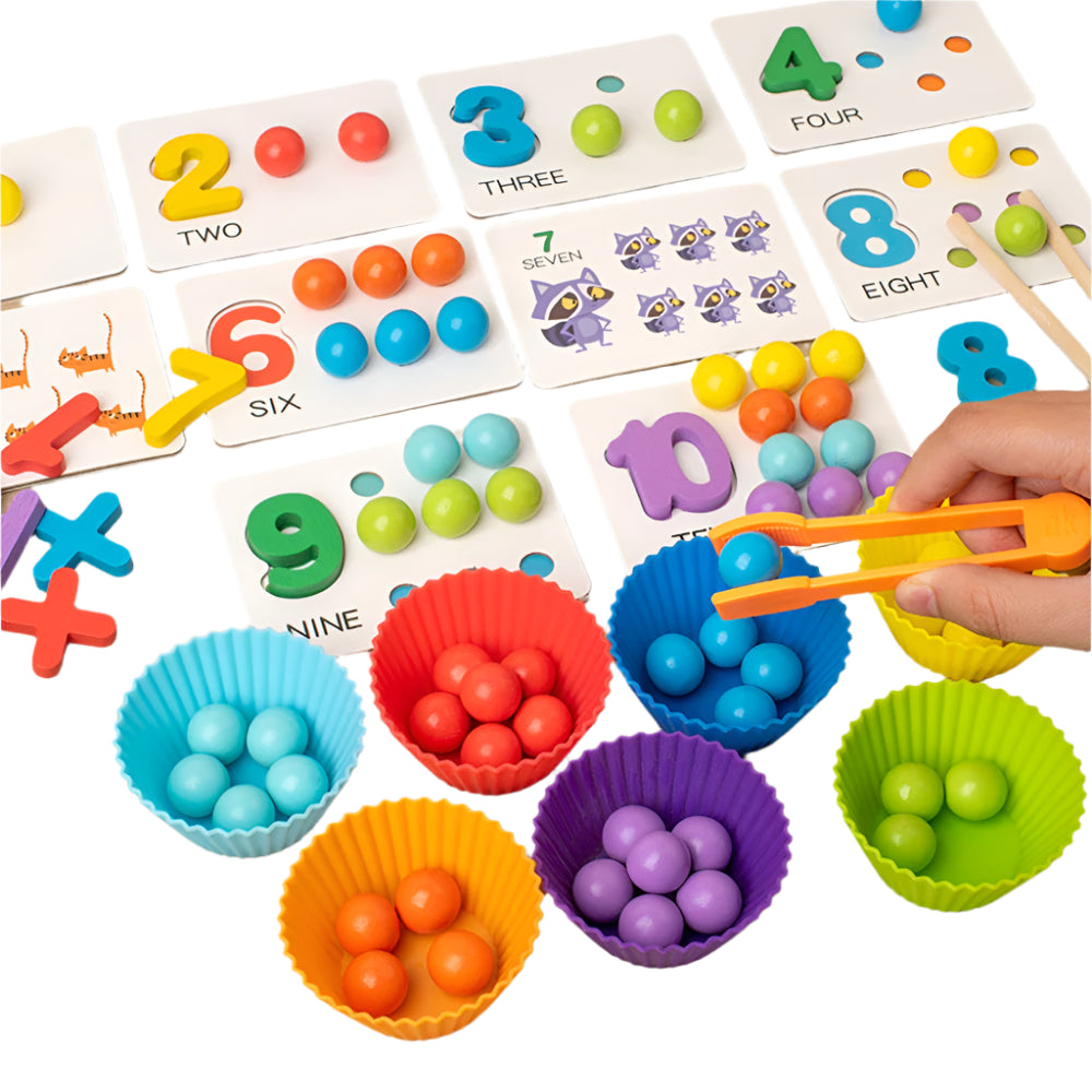 Wooden colourful sorting toy with beads and bowls