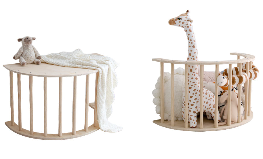 Wooden crib with toys and storage puffed toys