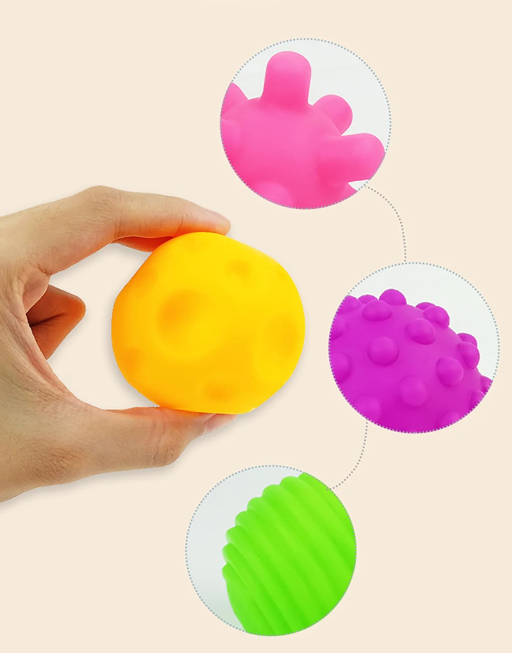 Hand holding a yellow ball with inset images of pink, green, and purple textured balls on a beige background.