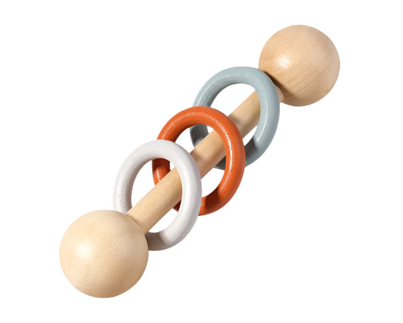 Wooden rattle-shake toy with three coloured rings