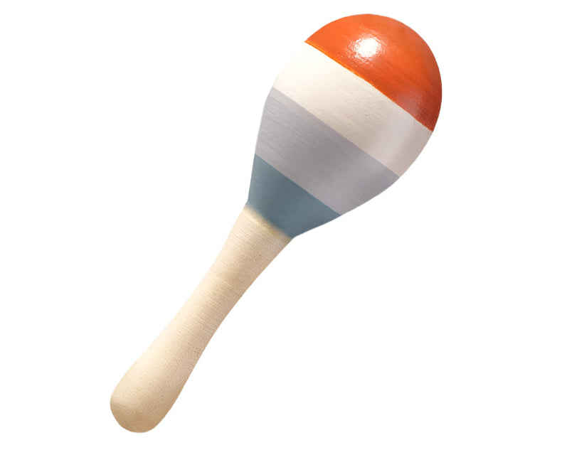 Wooden maracas with red and white striped shell