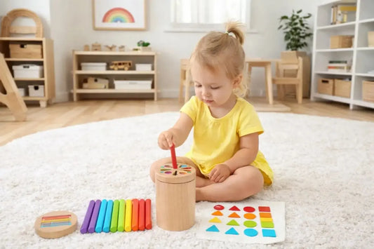 Toddler developing concentration and fine motor skills with a colourful sorting toy.