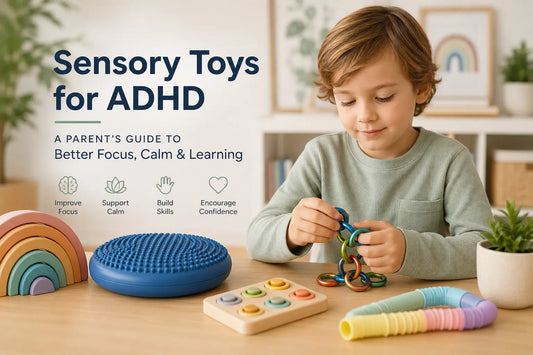 Child using sensory fidget toys and a balance cushion at home, illustrating sensory toys that can support focus, calm and learning for children with ADHD.