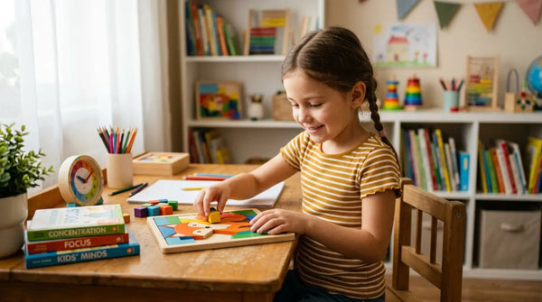 Young girl improving concentration while solving a wooden puzzle at a learning table.