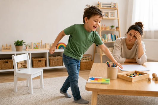 Active young boy struggling to stay focused during a learning activity while his mother watches.