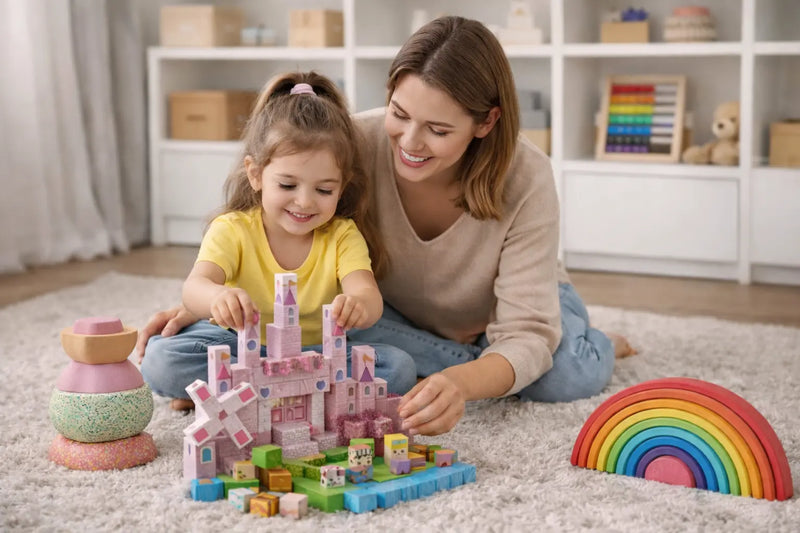 Mother and daughter developing concentration and creativity while building a colourful castle together.
