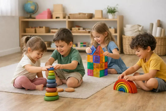 Children building concentration, creativity and problem-solving skills through educational play.