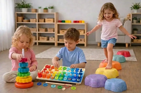 Children building concentration, fine motor skills and balance through educational play.