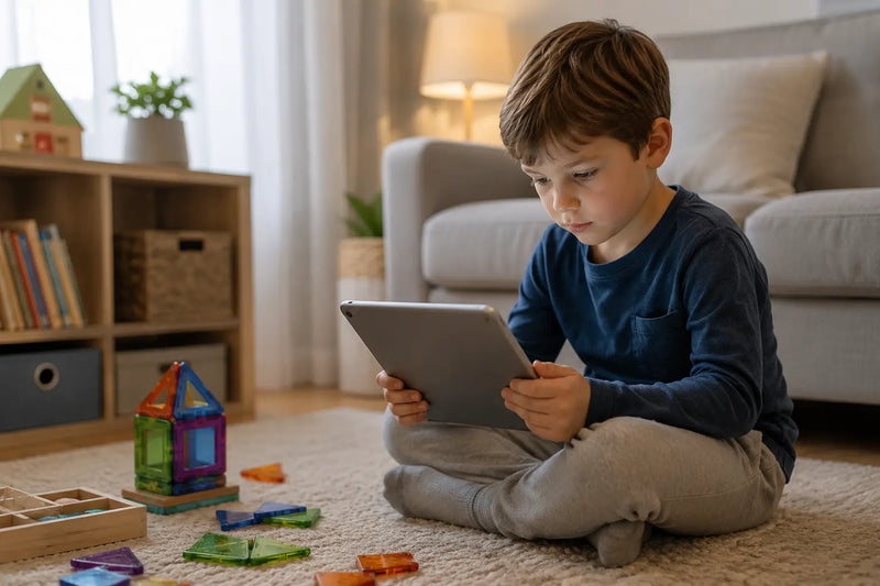 Young boy concentrating on a tablet while sitting beside magnetic tiles on the floor.