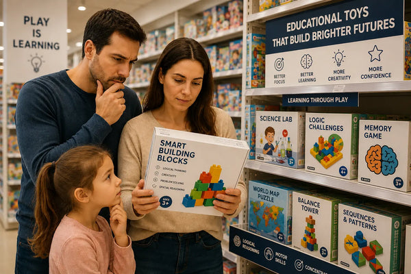 Parents and child choosing an educational building toy designed to support concentration and problem-solving skills.