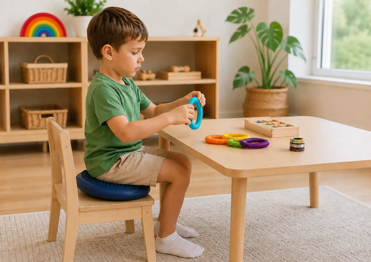 Child using pop tube, sensory wobble cushion and magnetic rings