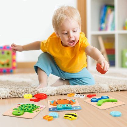 Toddler engaged with animal themed 3D wooden puzzle
