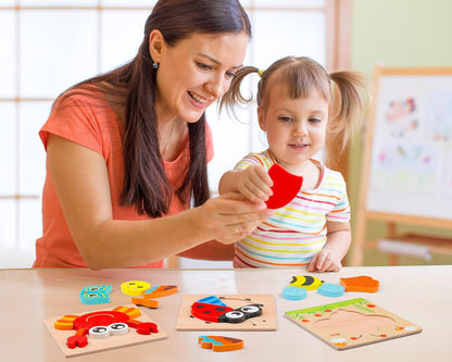 Parents and toddler playing with Montessori 3D wooden puzzle