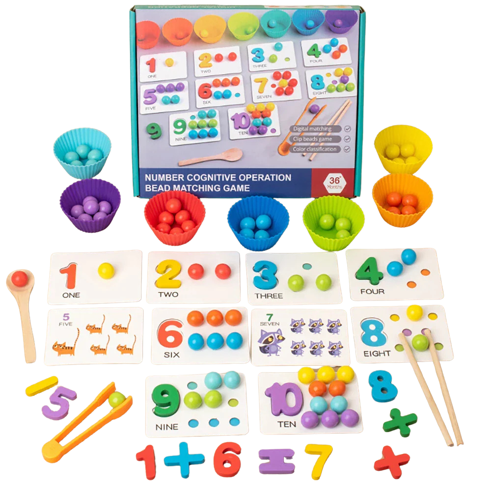 Montessori wooden math counting and colour sorting toy with tweezers and bowls
