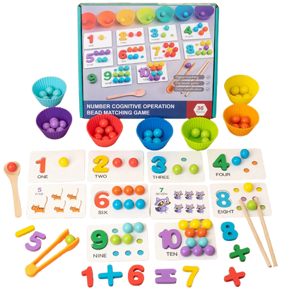 Montessori wooden math counting and colour sorting toy with tweezers and bowls