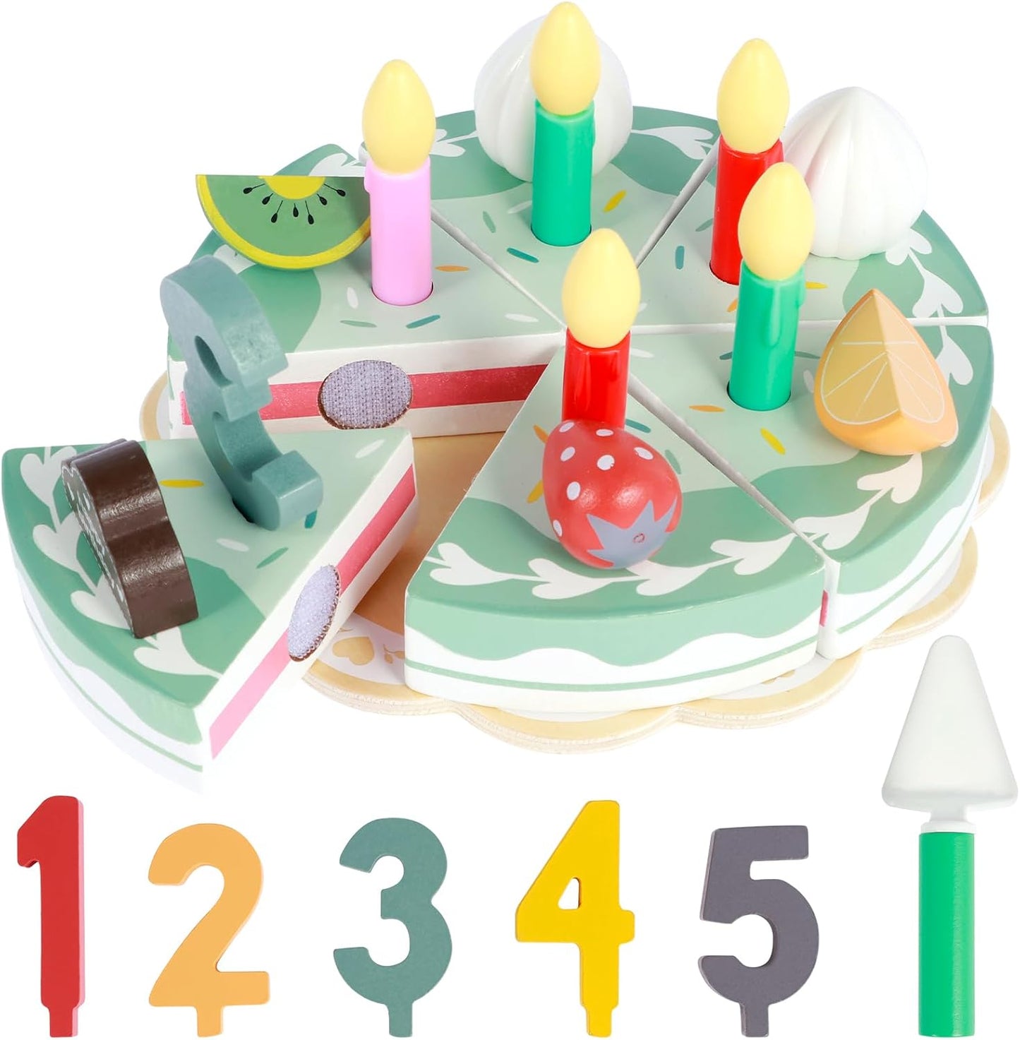 Wooden pretend play birthday cake set with candles and decorations