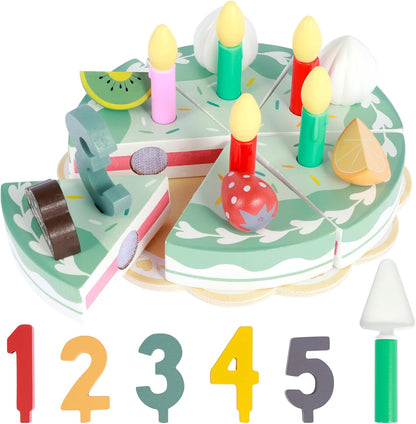 Wooden pretend play birthday cake set with candles and decorations