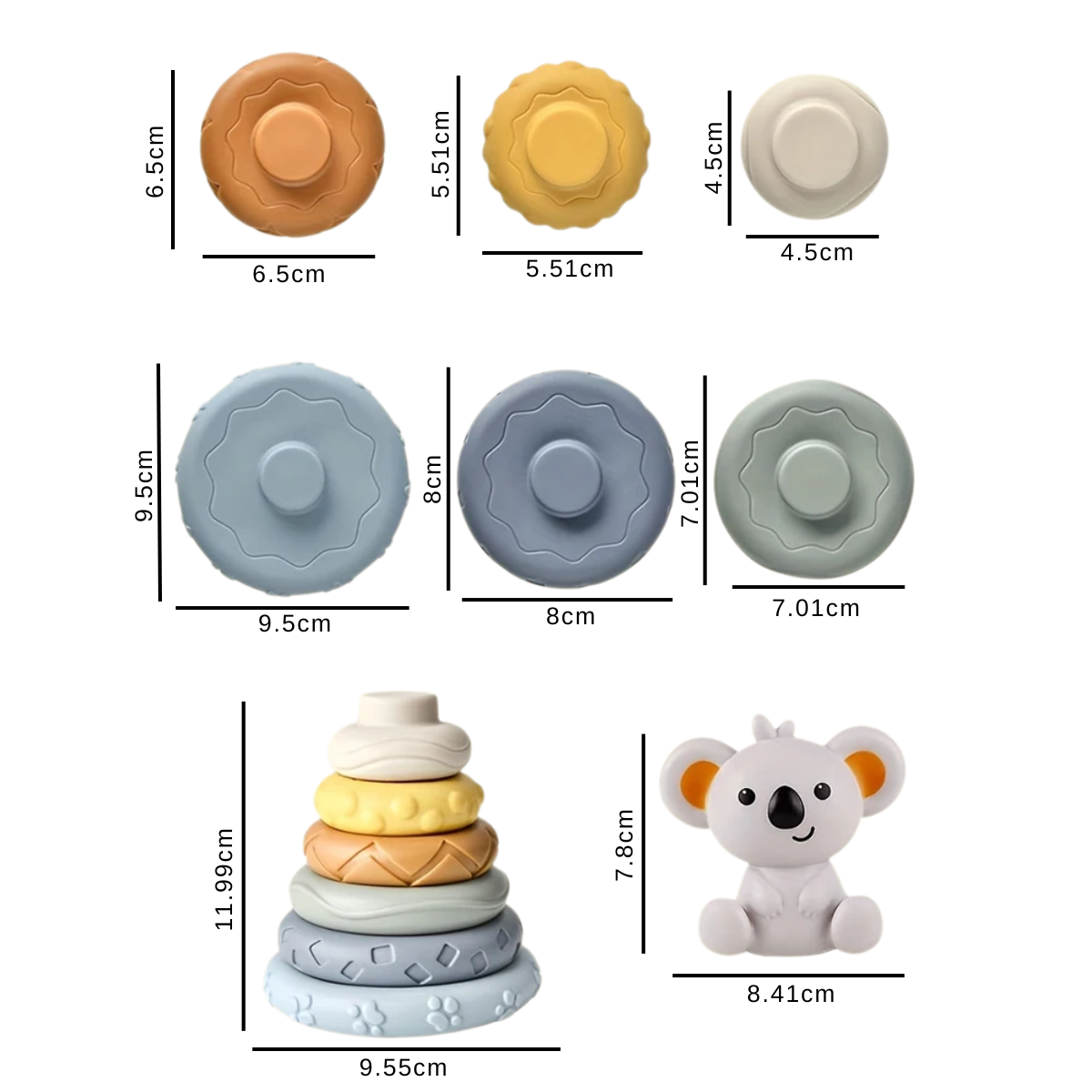 Baby Koala Stacking Tower size guide showing scale and dimensions for parents
