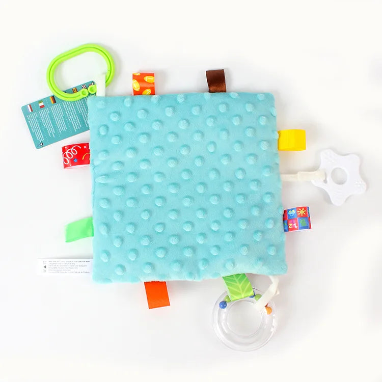 Baby comfort blanket with colourful tags and a teething ring 
