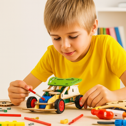 Teen customising a wooden 4WD STEAM racing car