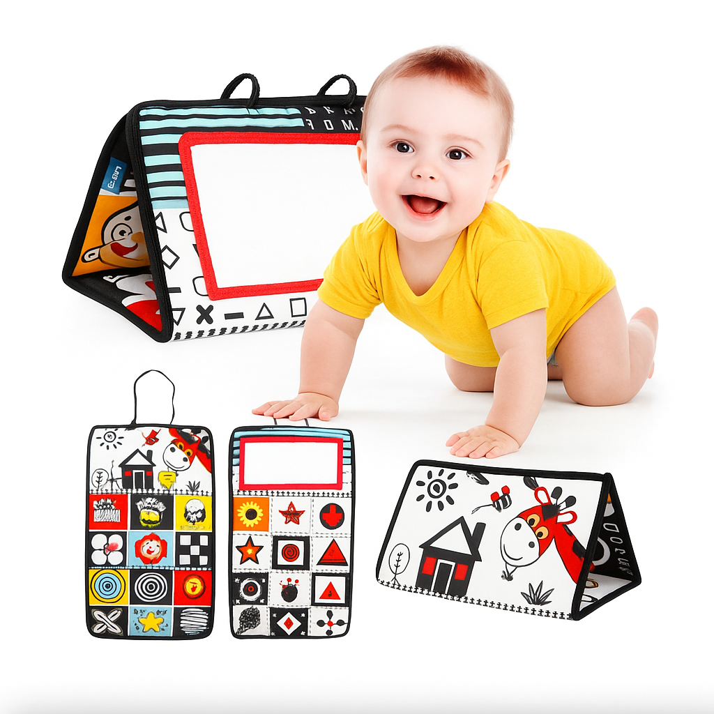 Tummy Time Discovery Mirror Book with high contrast patterns and baby mirror