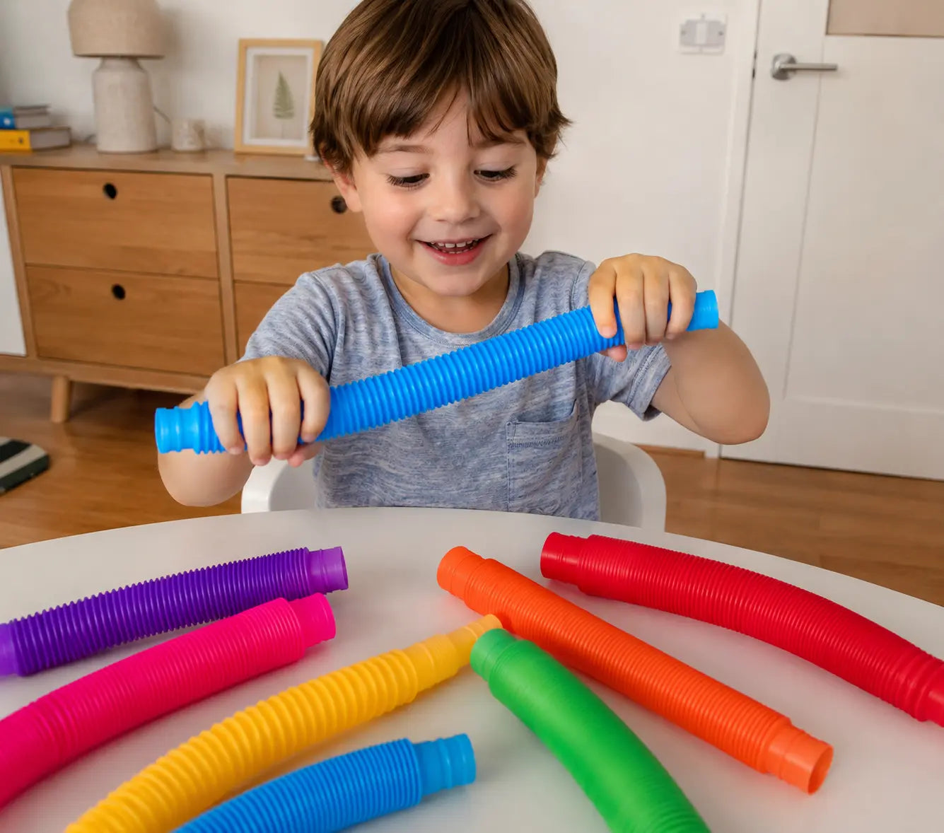 Child playing with colorful plastic tubes on a table in a room.