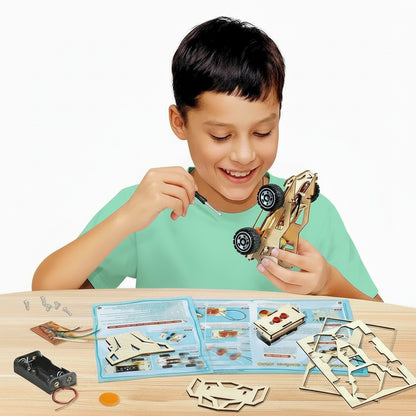 Child building a wooden car model kit 