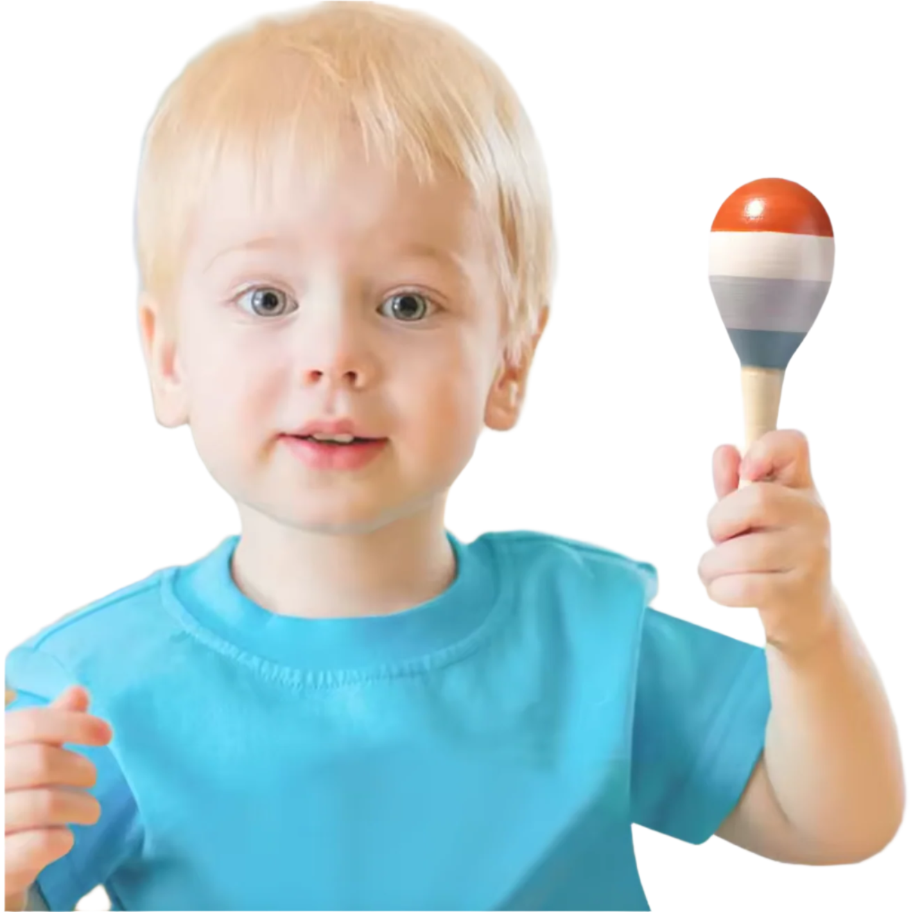 Child holding a wooden maraca musical instrument
