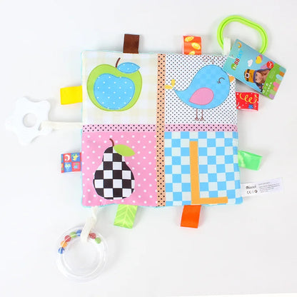 Colourful baby activity book with various shapes and designs 