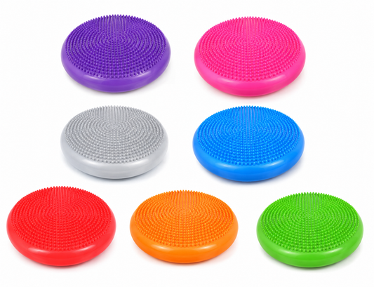 Set of 7 Sensory Wobble Cushions in vibrant colours on white background