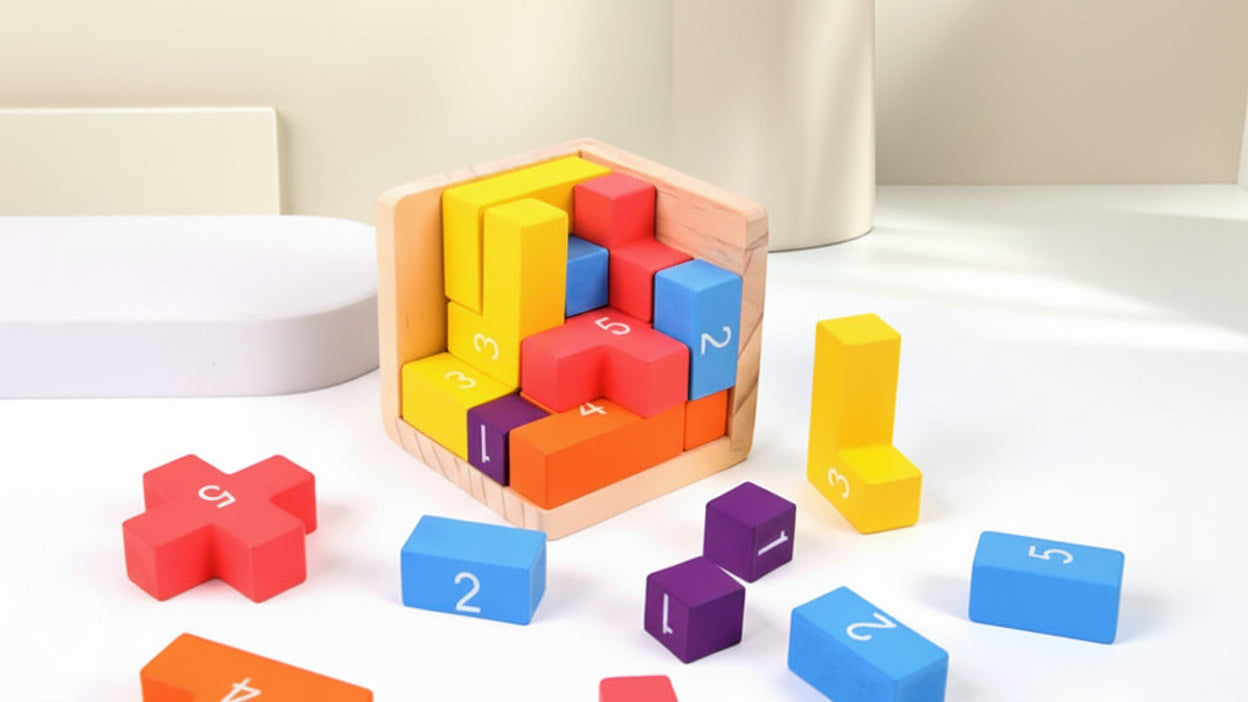 Colourful geometric wooden blocks with numbers 