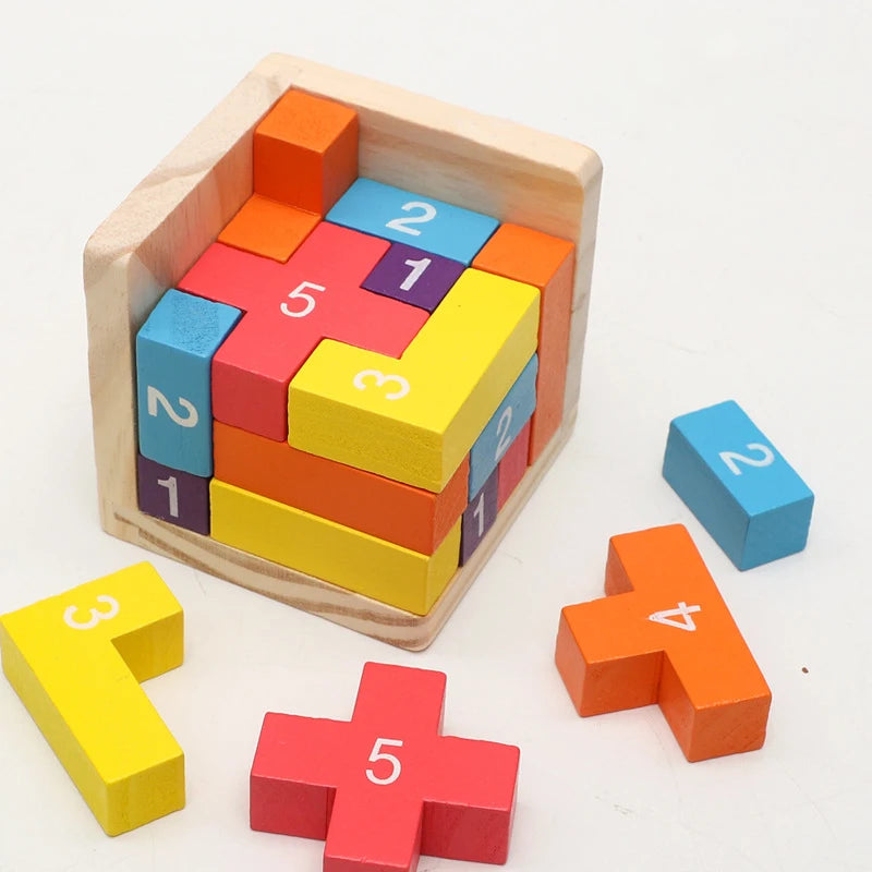 Colourful wooden number blocks in a geometric wooden box 