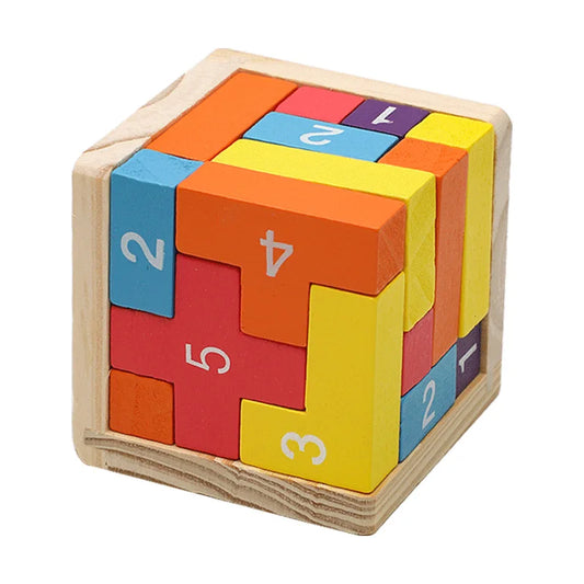 Colourful wooden puzzle cube with numbers 