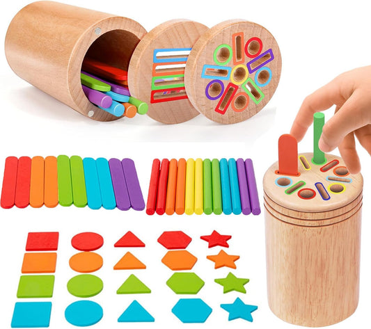 Colourful wooden shape and colour sorting toy set with wooden box and shapes 