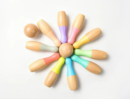 Colourful wooden toys arranged in a circular pattern 