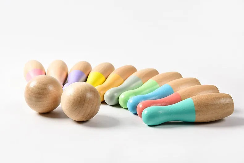 Colourful wooden toys with pastel-colored ends 