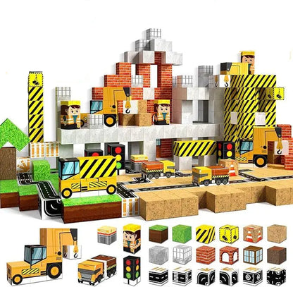 Construction-themed building block set with magnetic puzzle cubes and toy figures 