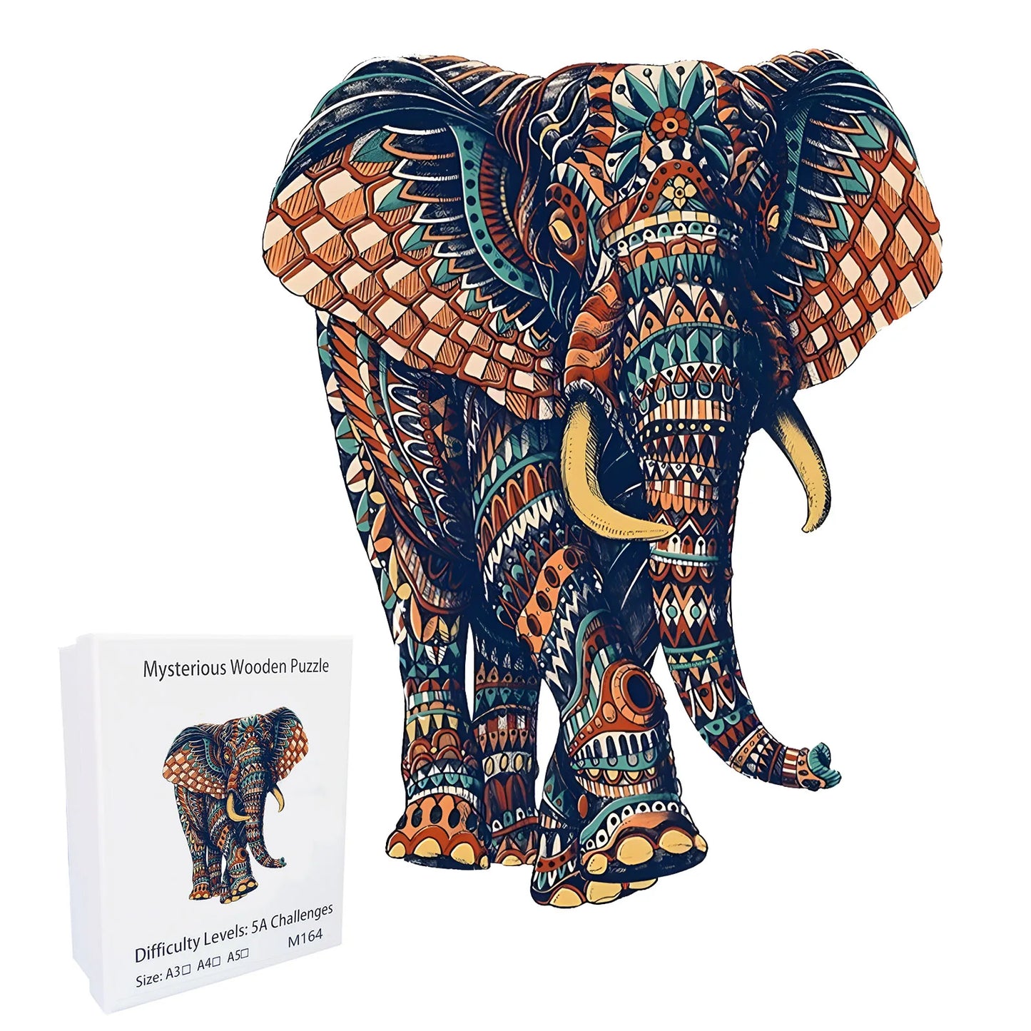 Decorative elephant puzzle with intricate patterns and a matching box 