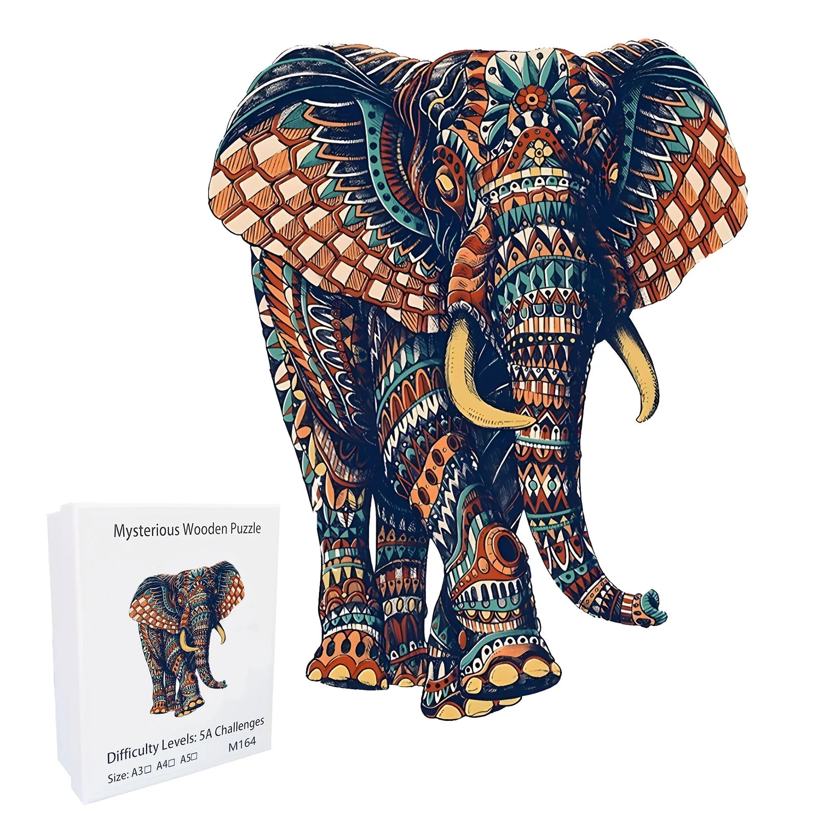 Decorative elephant puzzle with intricate patterns and a matching box 