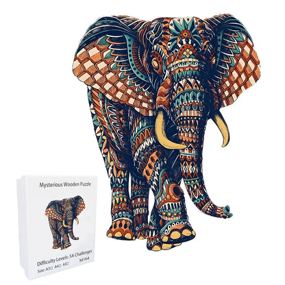 Decorative elephant puzzle with intricate patterns and a matching box 