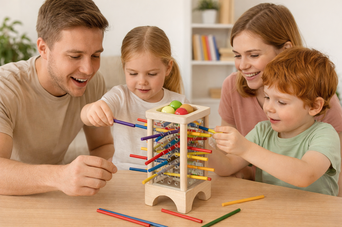 Family playing Drop or Not strategy game together